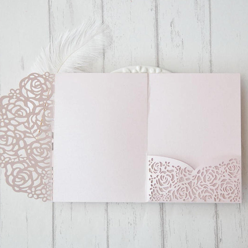 Classic Blush Pink Laser Cut Wedding Invitations with Adorable Round Greenery Design