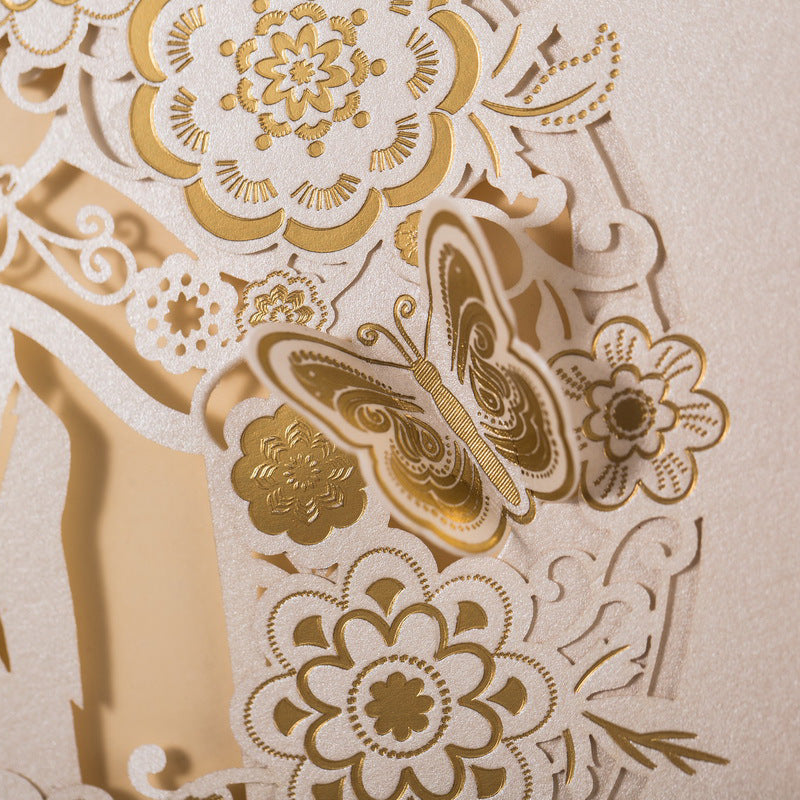 Gold and White Pocket Laser Cut Wedding Invitations Butterfiles and Bride and Groom in Silhouette