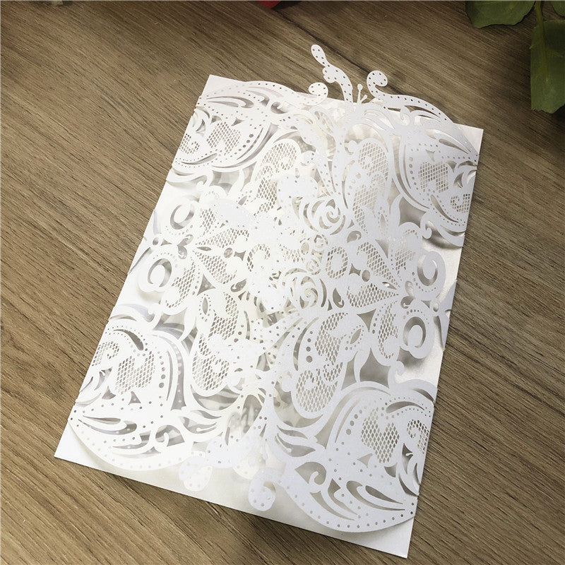 Ivory Fold Laser Cut Wedding Invitations with Glittery Paper Bottom and Burgundy Ribbon