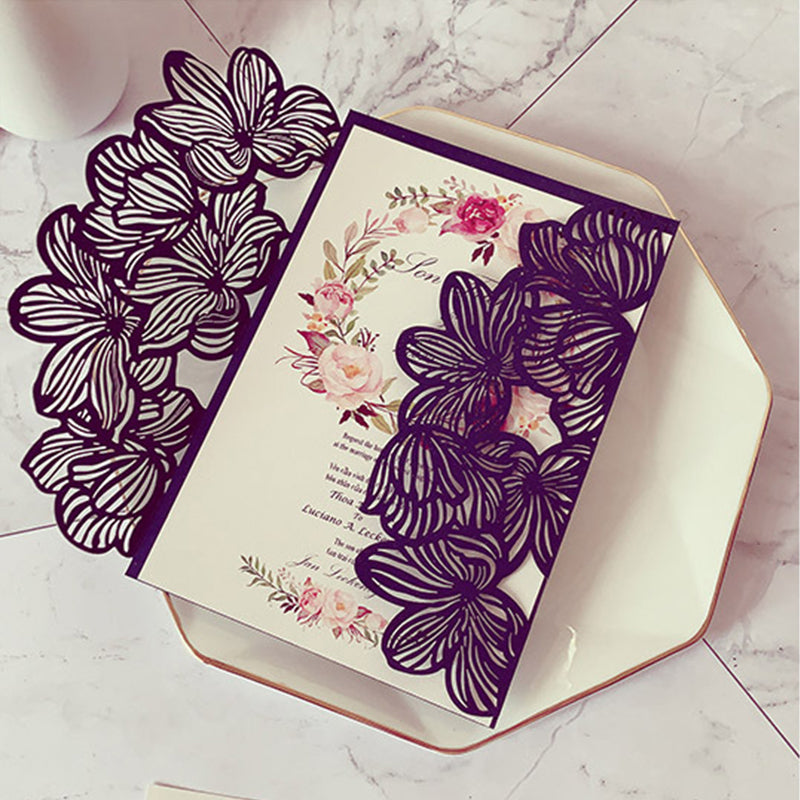 Elegant Chic Navy Laser Cut Wedding Invitations with Floral Designs and Ribbon Lcz073