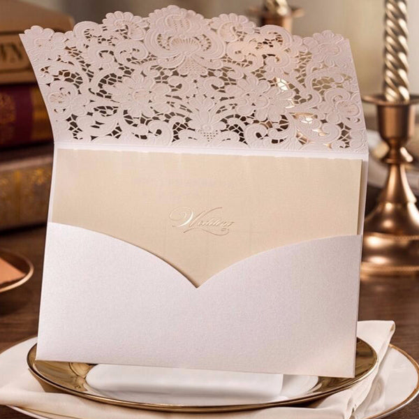 Elegant ivory lace detailed laser cut wedding invitations LC001