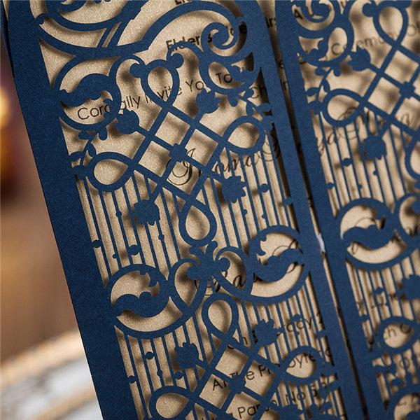 Elegant navy blue laser cut wedding invitations with exquisite engraving LC010