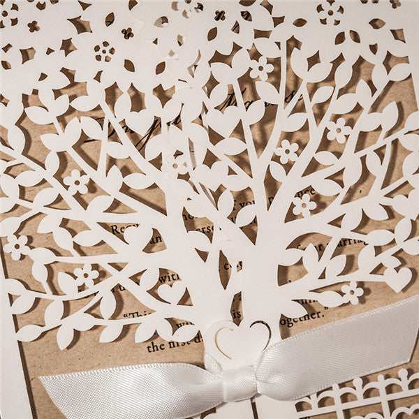 Elegant white tree laser cut wedding invitations with ribbons LC015