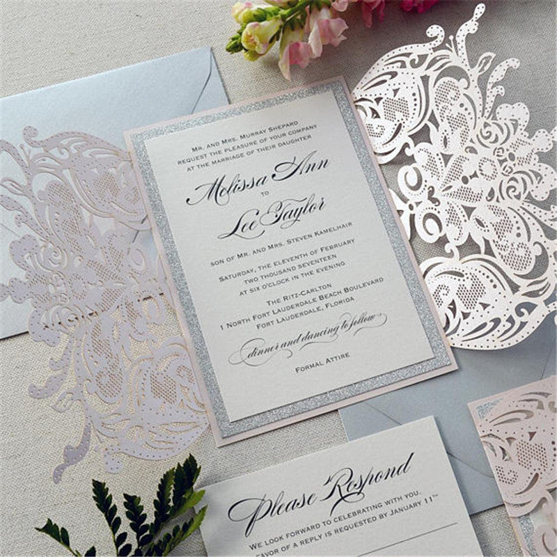 Exquisite Blush Pink Laser Cut Wedding Invitations with Silver Backer and Bow Tie Lcz080