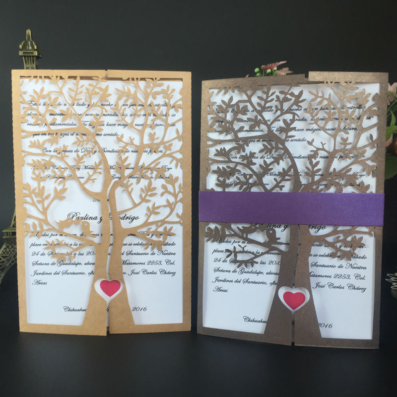 Eye-catching Tree Laser Cut Wedding Invitations with Romantic Heart and Ribbon