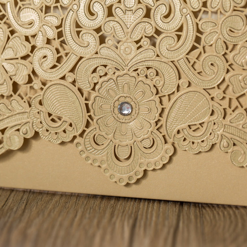 Fantastic Gold Laser Cut Wedding Invitations with Floral Designs and Rhinestone Lcz097