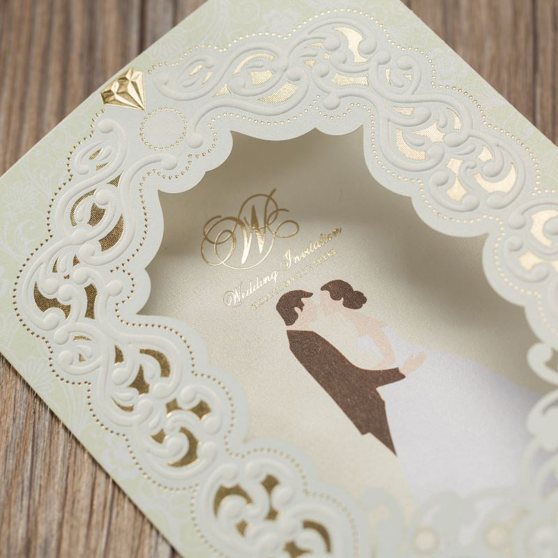 Framed Ivory Laser Cut Wedding Invitations with Couples' Photo and Gold Inlay