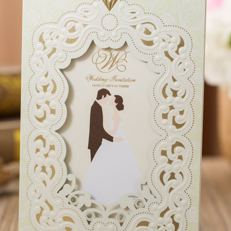 Framed Ivory Laser Cut Wedding Invitations with Couples' Photo and Gold Inlay