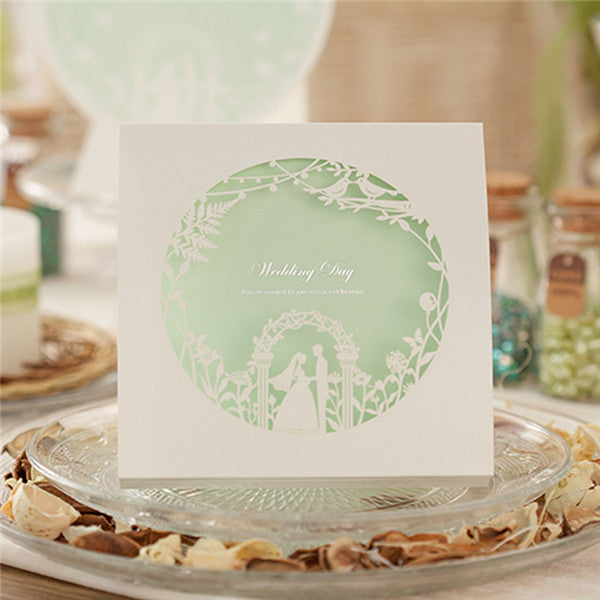 Funny white and mint laser cut wedding invitations with love brids LC023