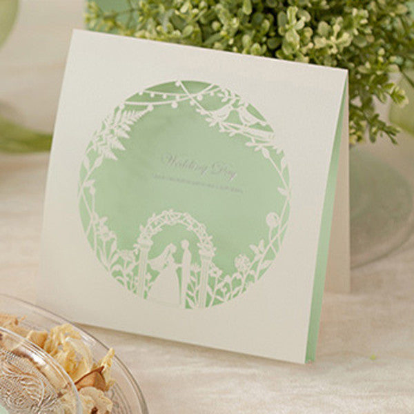 Funny white and mint laser cut wedding invitations with love brids LC023