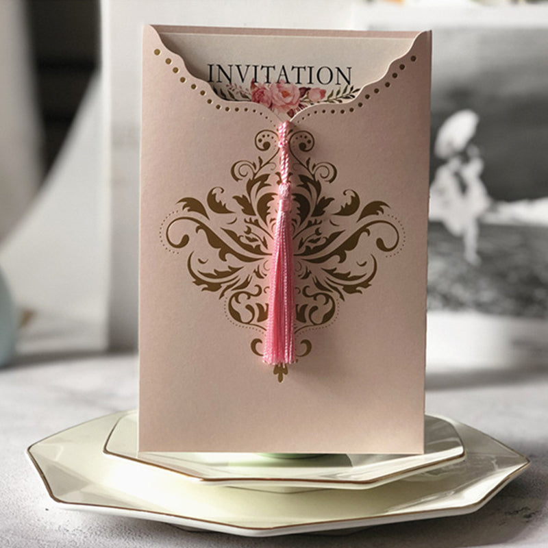 Gorgeous Royal Elegant Pink Pocket Wedding Invitations with Tassel Lcz088