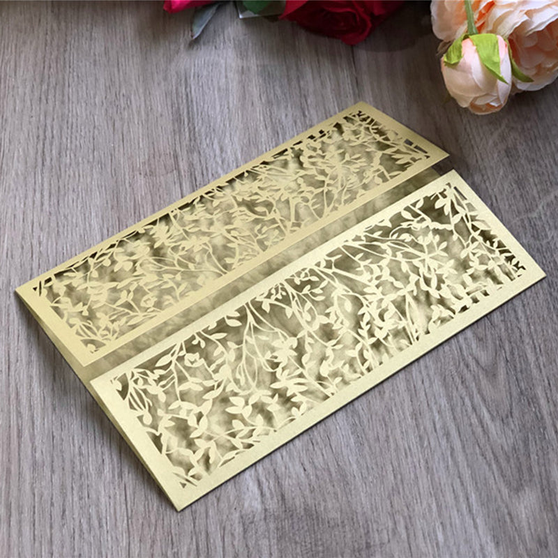  Fold Gold Laser Cut Wedding Invitations with Matching Ribbons or Leaf Design