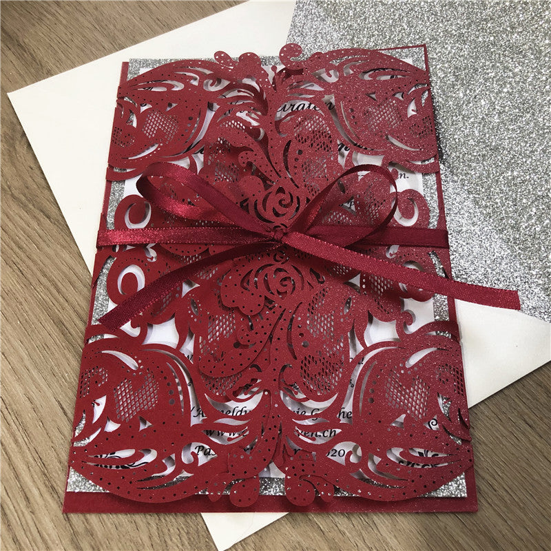 Burgundy Laser Cut Wedding Invitations with Sivler Glitter Backer and floral pattern Lcz051