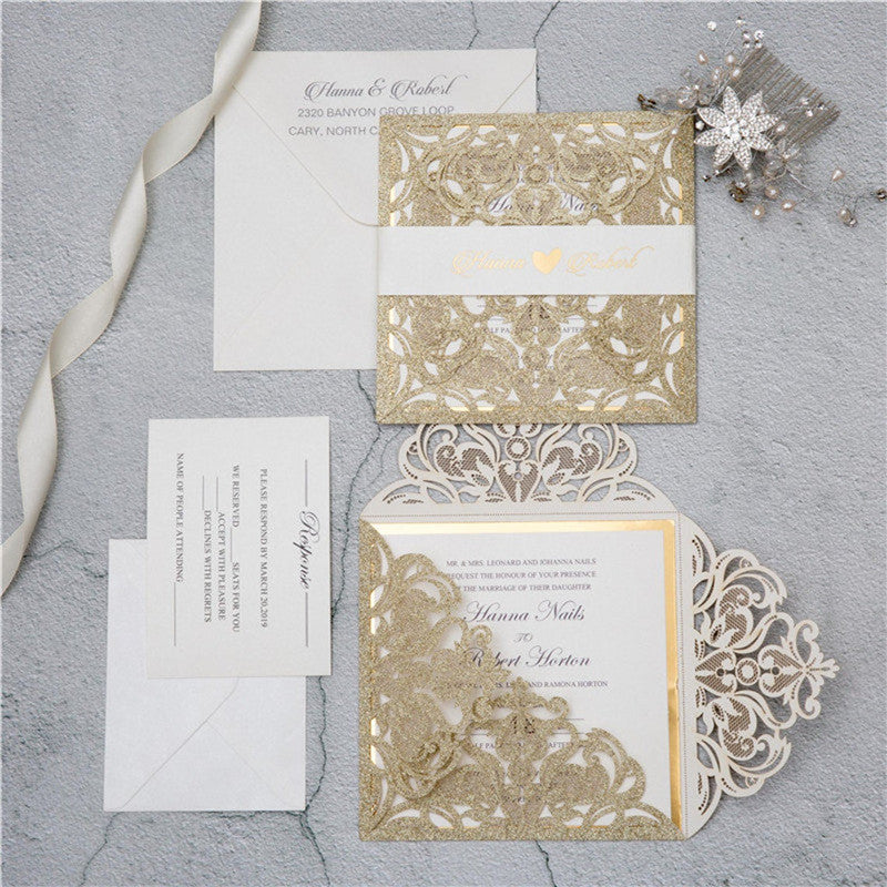 Luxury Square Champagne Glittery Wedding Invitations with Floral Belly Band