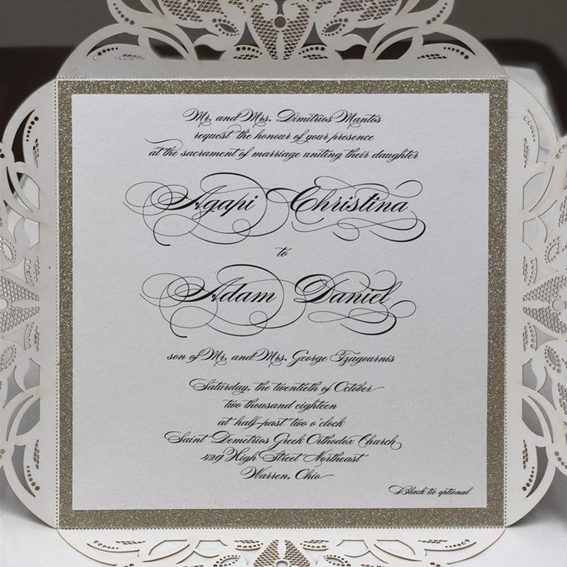 Luxury Square Champagne Glittery Wedding Invitations with Floral Belly Band