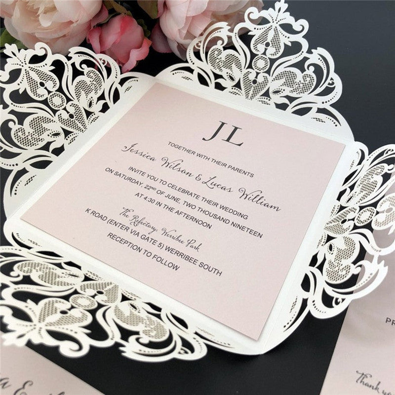 Luxury Square Champagne Glittery Wedding Invitations with Floral Belly Band