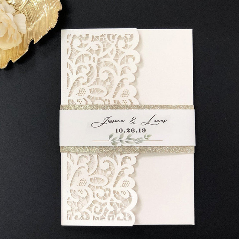 Modern Ivory Pocket Laser Cut Wedding Invitations with Geometric Greenery Pattern 