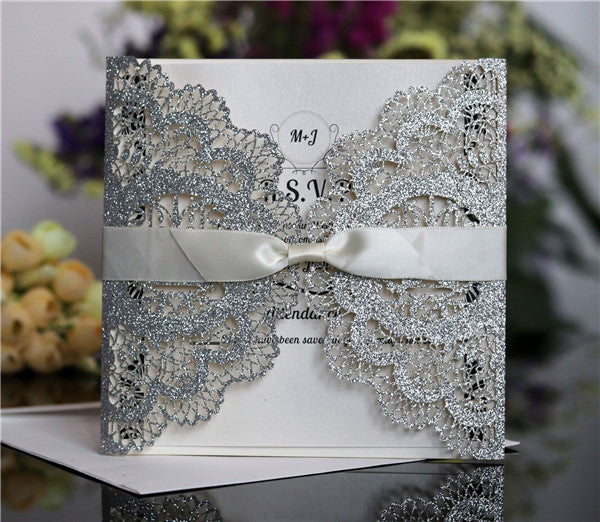 Glitter lace laser cut wedding invitations with satin ribbons LC053