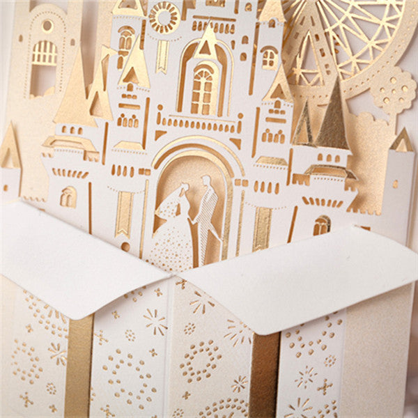 Romantic and foil ivory folded castle wedding invitations LC014