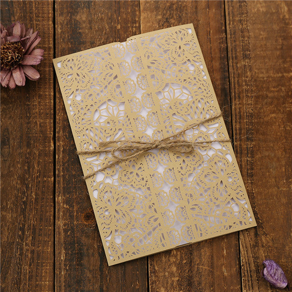 Rustic gold country laser cut wedding invitations with hemp cord LC042_2
