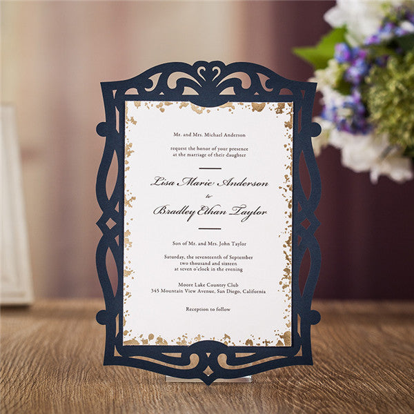 Shabby chic navy blue laser cut wedding invitations with white cards LC033