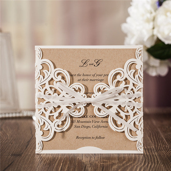 Simple white lace laser cut wedding invitations with satin ribbons LC026