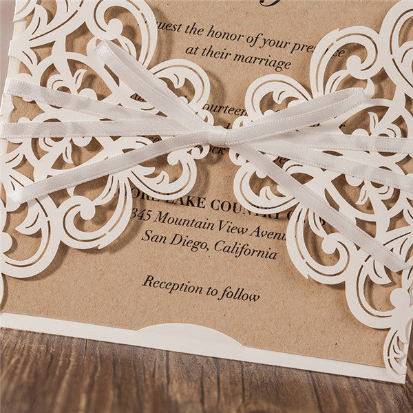 Simple white lace laser cut wedding invitations with satin ribbons LC026