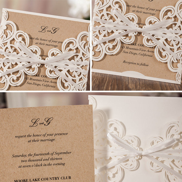 Simple white lace laser cut wedding invitations with satin ribbons LC026