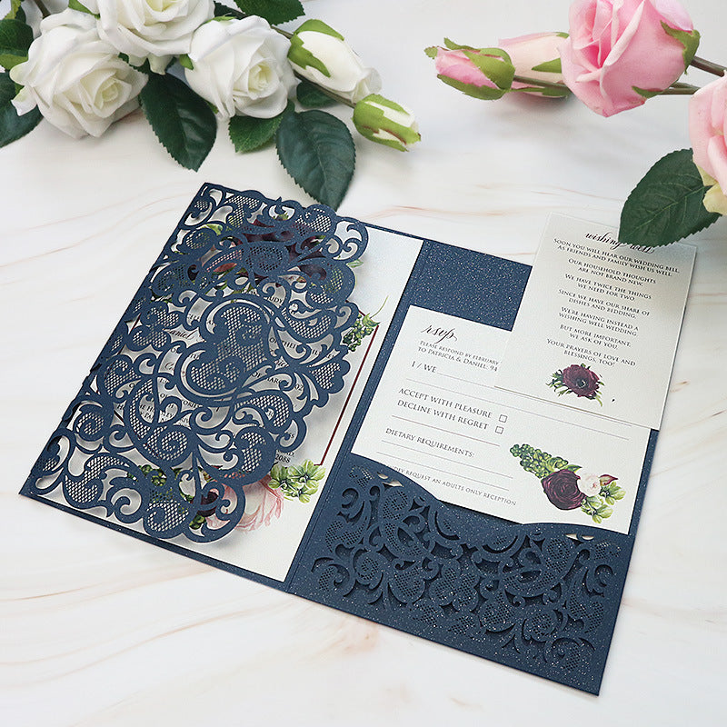 Traditional Navy Shimmer Laser Cut Wedding Invitations with Refreshing Greenery Inner Design