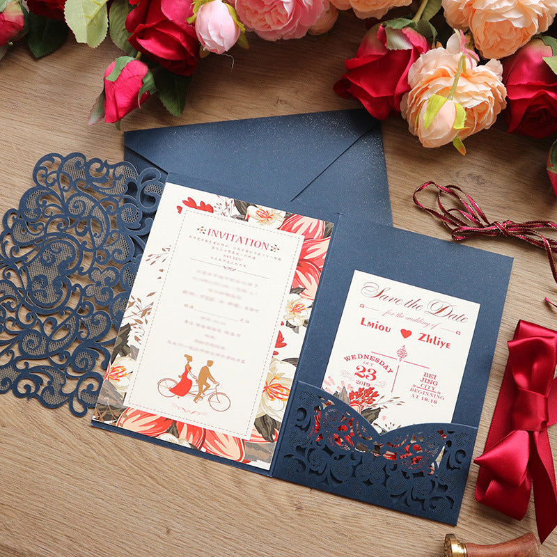 Traditional Navy Shimmer Laser Cut Wedding Invitations with Refreshing Greenery Inner Design