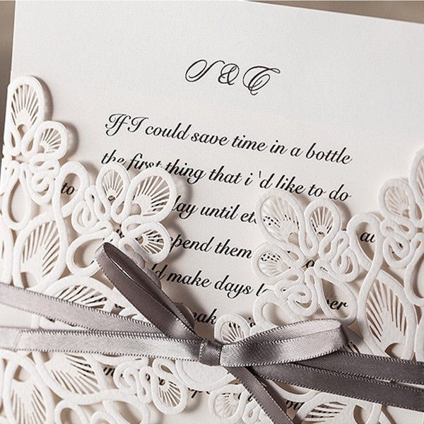 White vintage folded laser cut wedding invitations with grey ribbons LC002