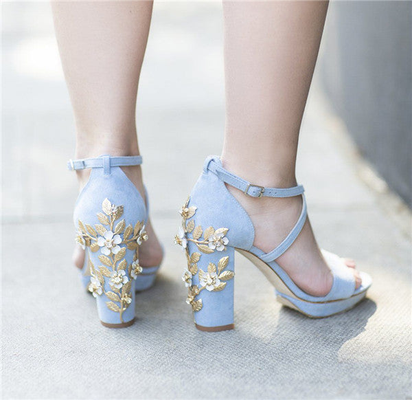 Flower Embellished Block Heels Wedding Shoes, Bridal, Something Blue