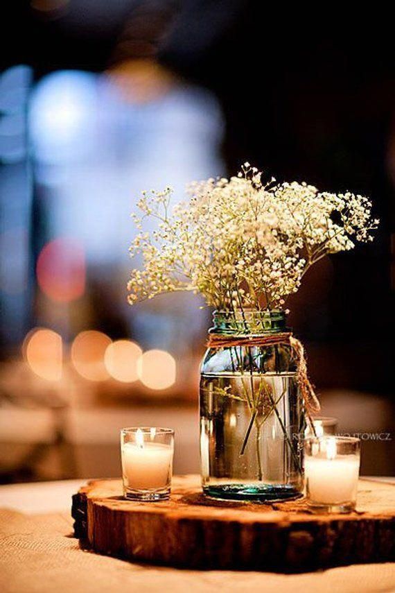 Rustic Gold Mason Jar and Wood Slab Centerpieces