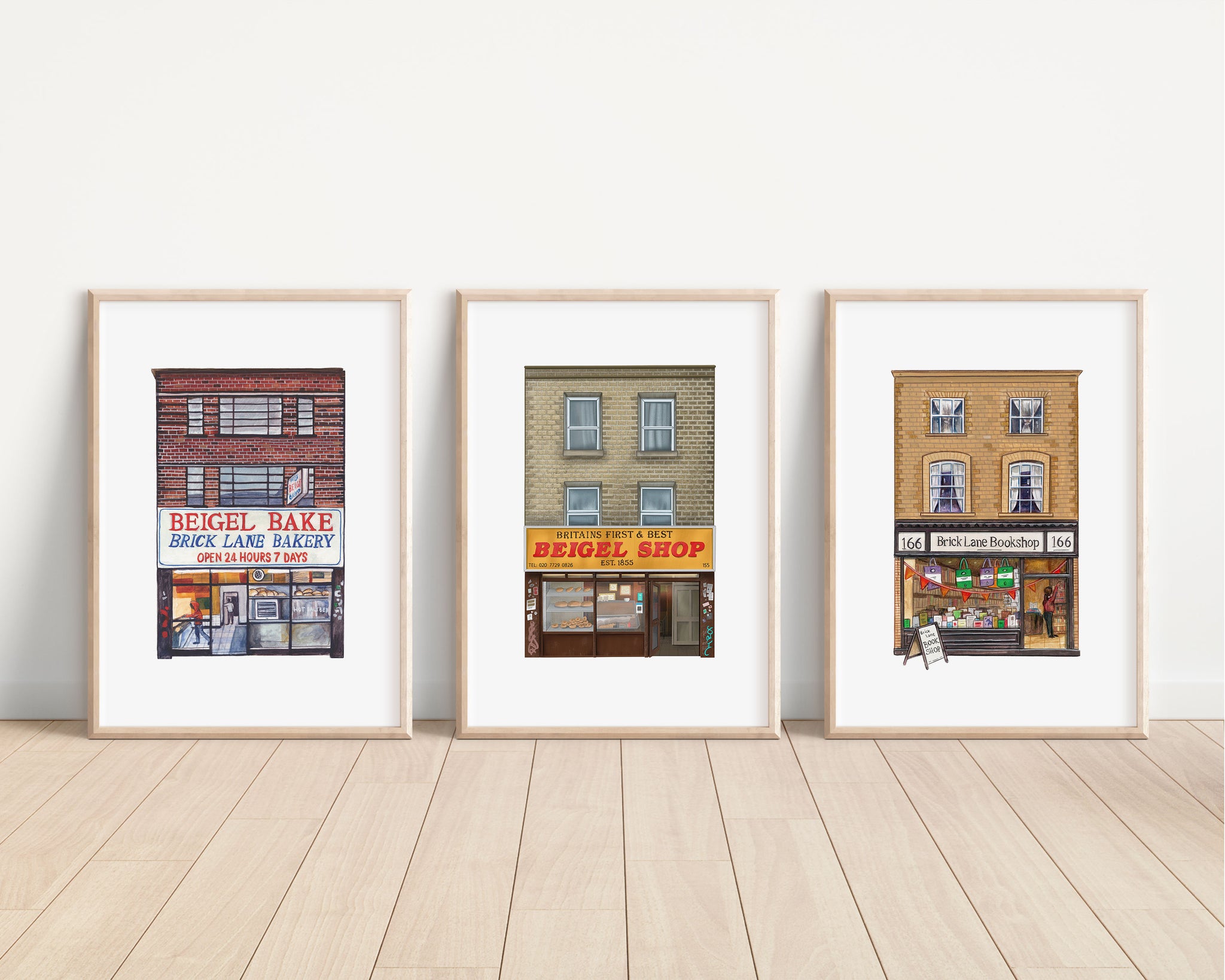 Three prints in a frame, Beigel Bake, Britains first beigel shop and Bricklane bookshop