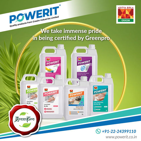 GreenPro-Certified Powerit cleaning products lined up showcasing commitment to sustainability