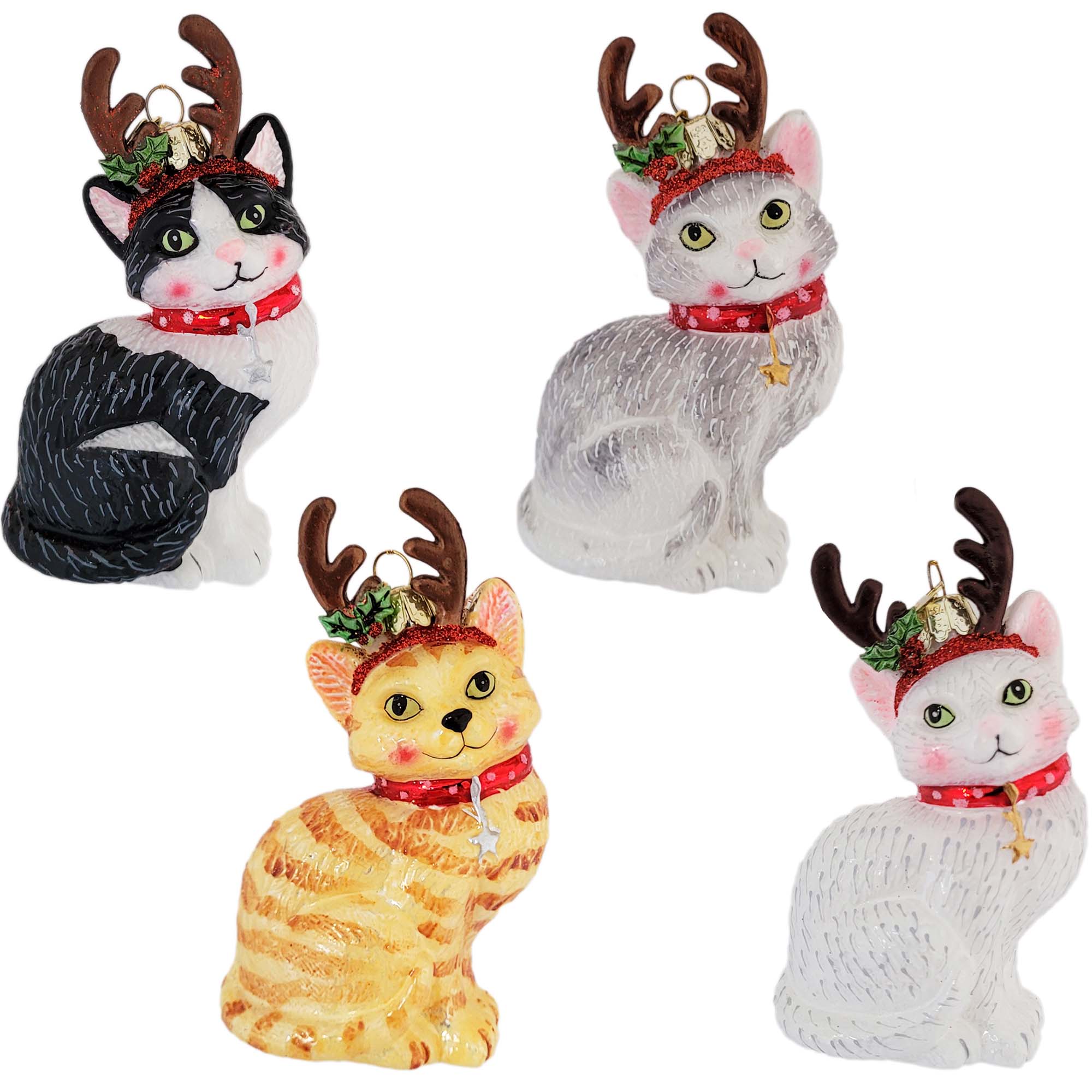 Katte med rensdyrgevir - julekugler - julepynt - glas juletræspynt – Hollymoods