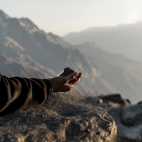 man holding a rock of shilajit in the himalayas