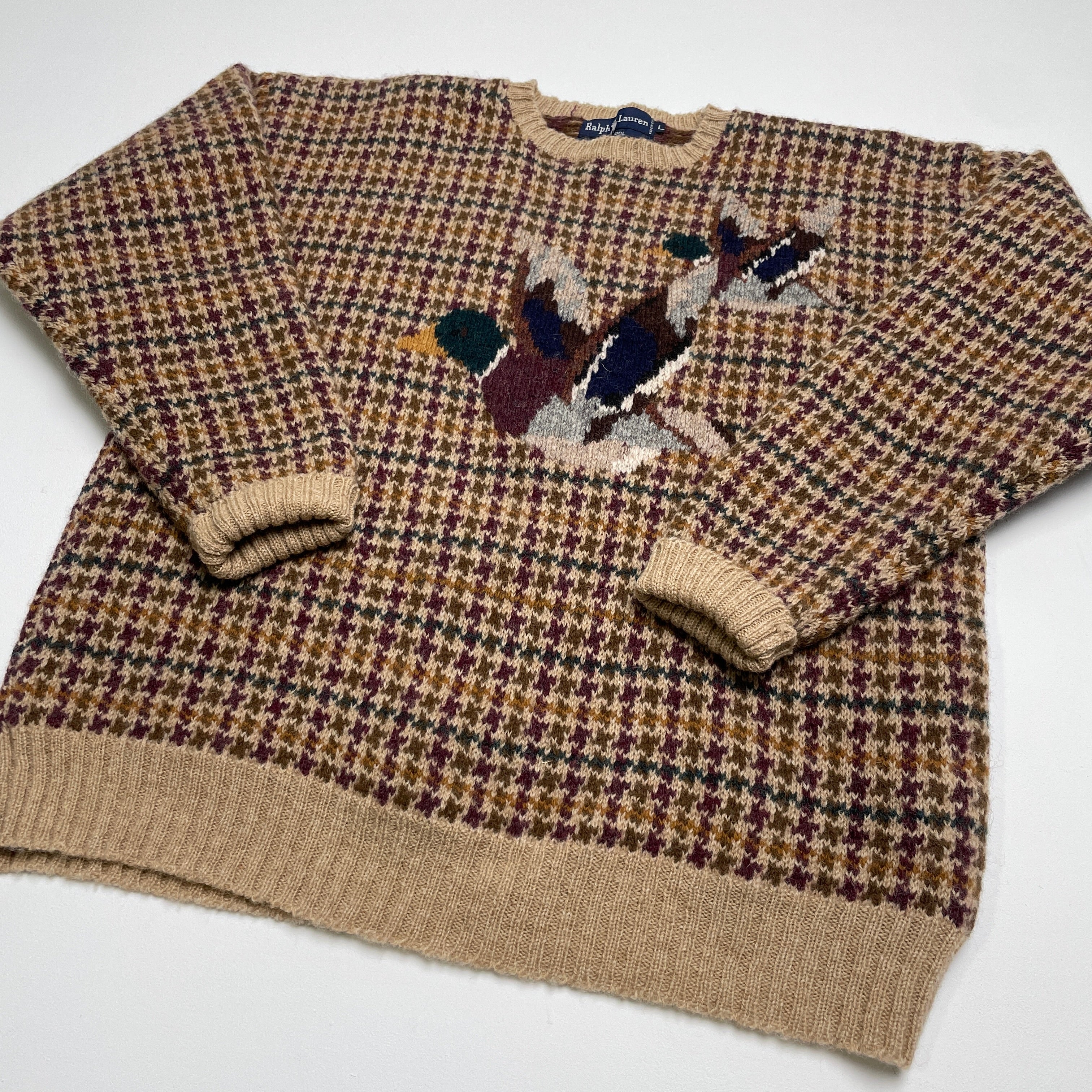 VNTG Ralph Lauren (L) Mallard Duck Wool Houndstooth Knit Sweater –  