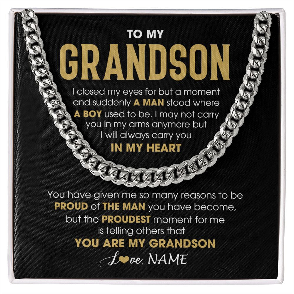 Personalized To My Grandson Cuban Necklace From Grandma Papa Proud Of The Man Grandson Birthday Graduation Christmas Customized Gift Box Message Card