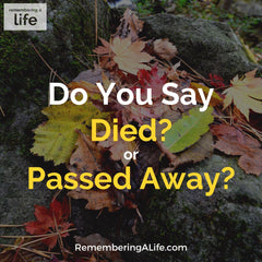 Image Description: Photo of colorful fall leaves on the ground. Text: Do you say Died? Or Passed Away? http://RememberingALife.com