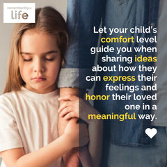 Closeup of child with long brown hair, holding adult's arm. Child's eyes are closed and she looks sad. Text: Let your child's comfort level guide you when sharing ideas about how they can express their feelings and honor their loved one in a meaningful way.
