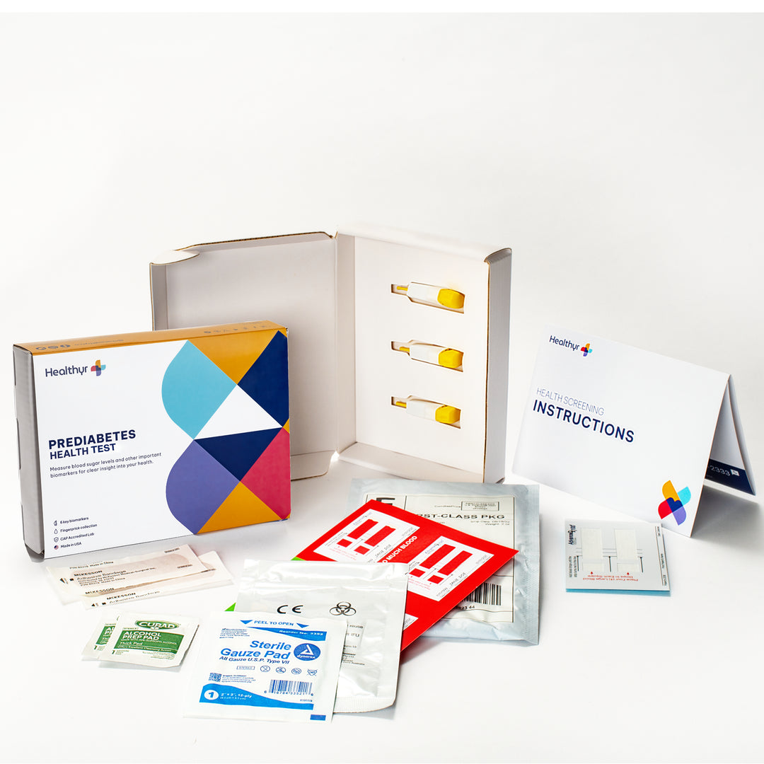 Healthyr Prediabetes Health Test kit contents lancets bandages gauze return label
