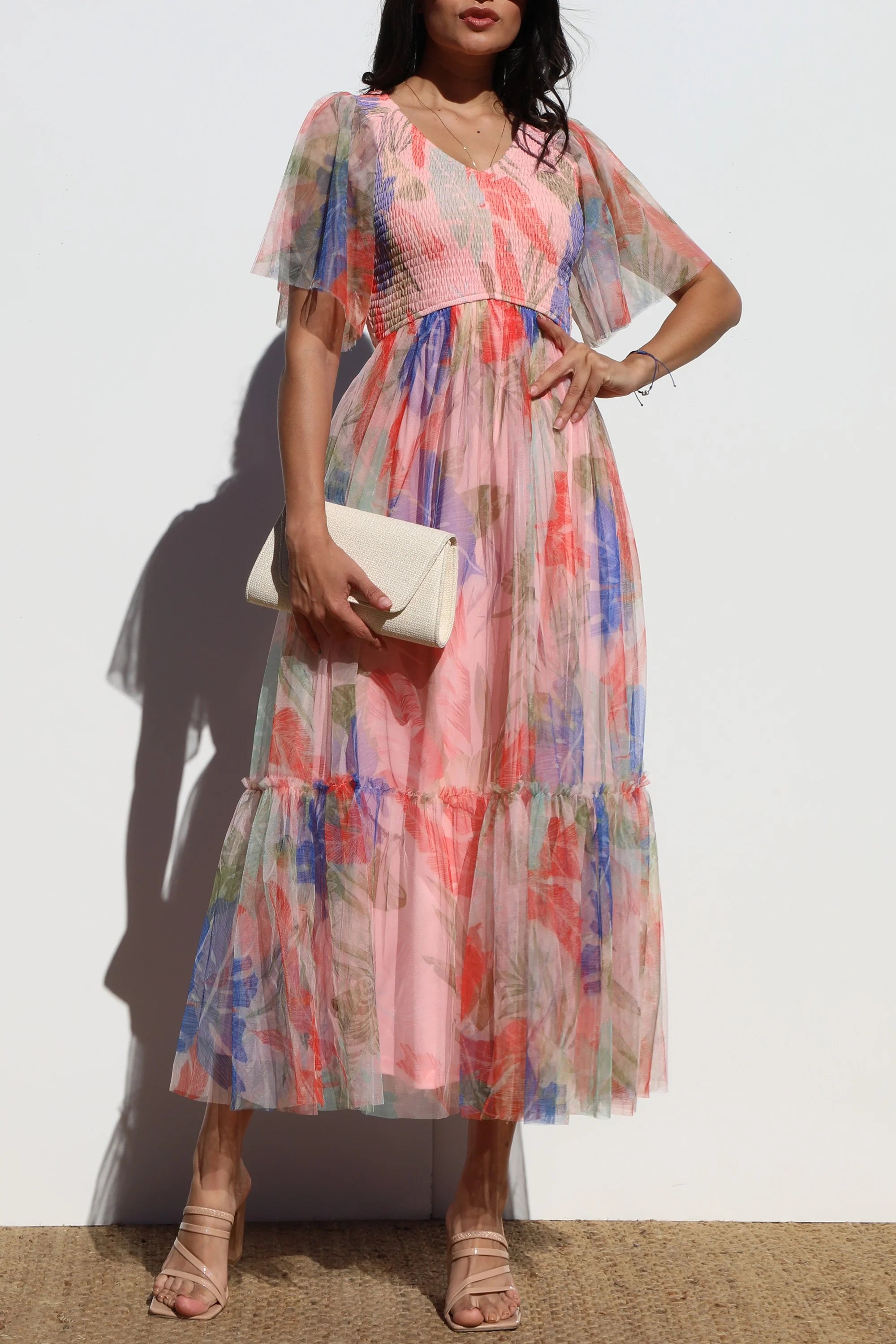 Pink Multi Color Smocked  Ruffle Mesh   Dress