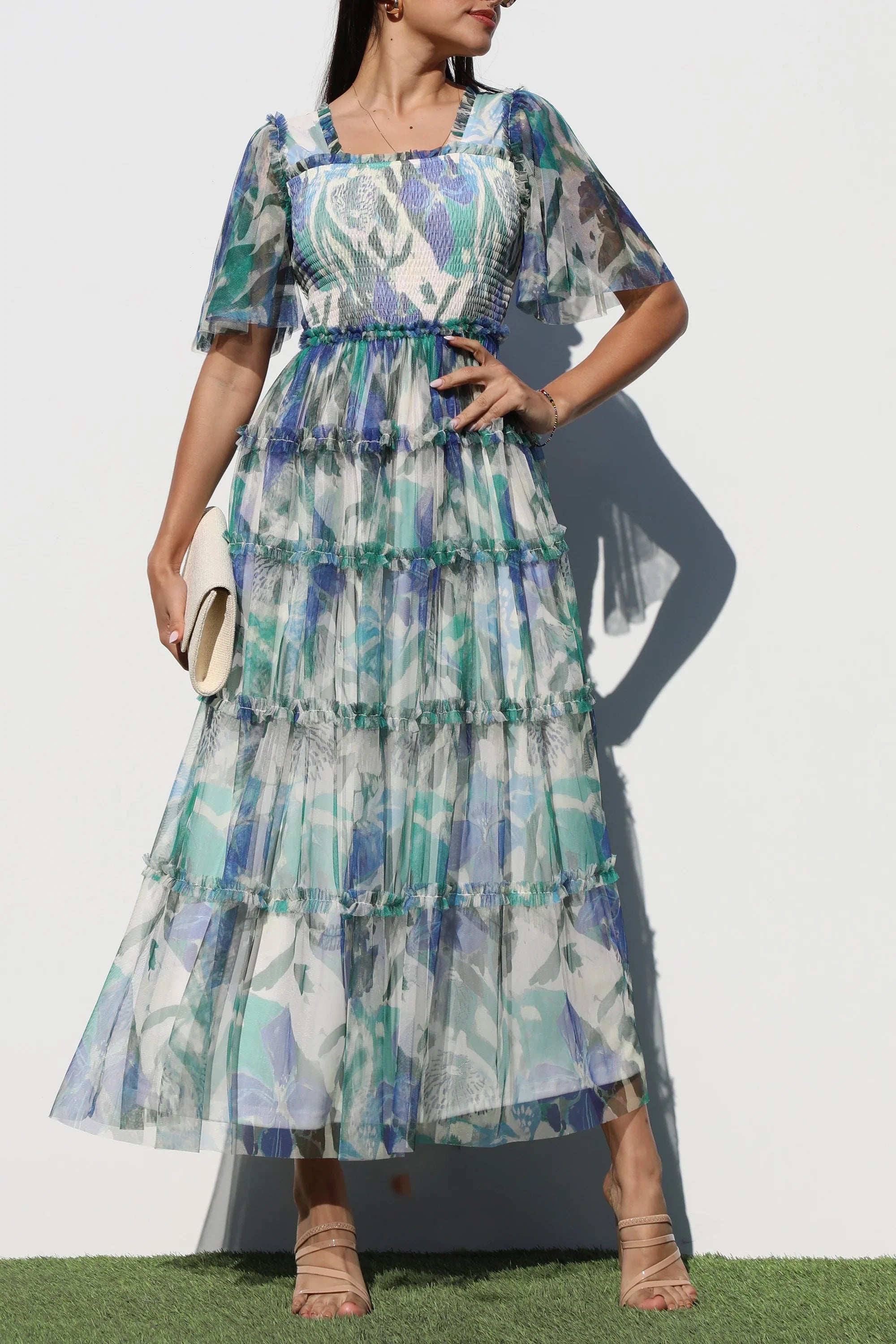 Green Multi Smocked Top Ruffled Dress