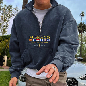Vintage Unisex Monaco Monte Carlo Yachting Polo Neck Sweatshirt Zipper Half Open Collar Pullover Sweatshirt - 23547 - mudroads