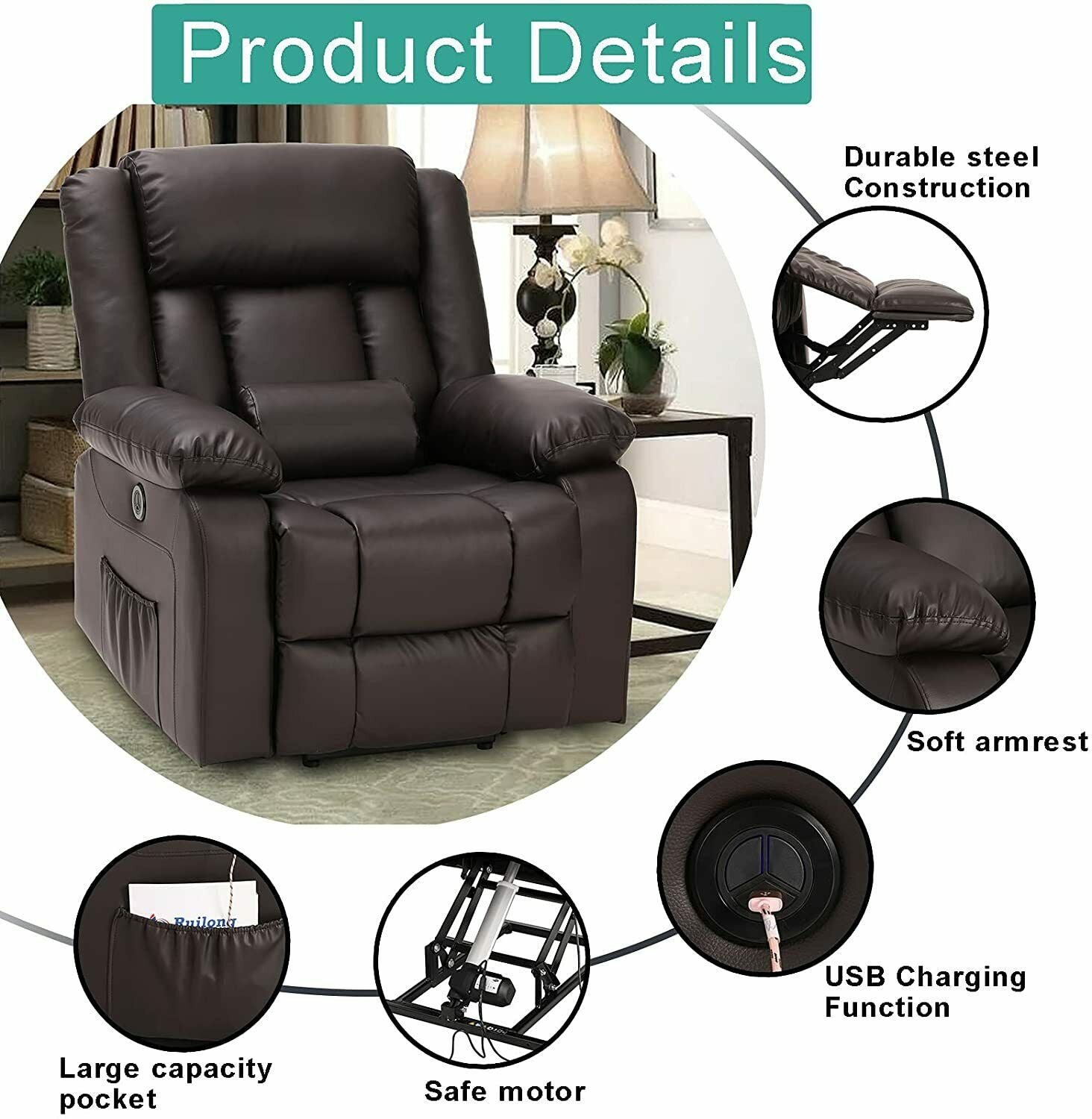 Power Lift Leather Recliner Chair With Massage and Heat, USB Ports ...