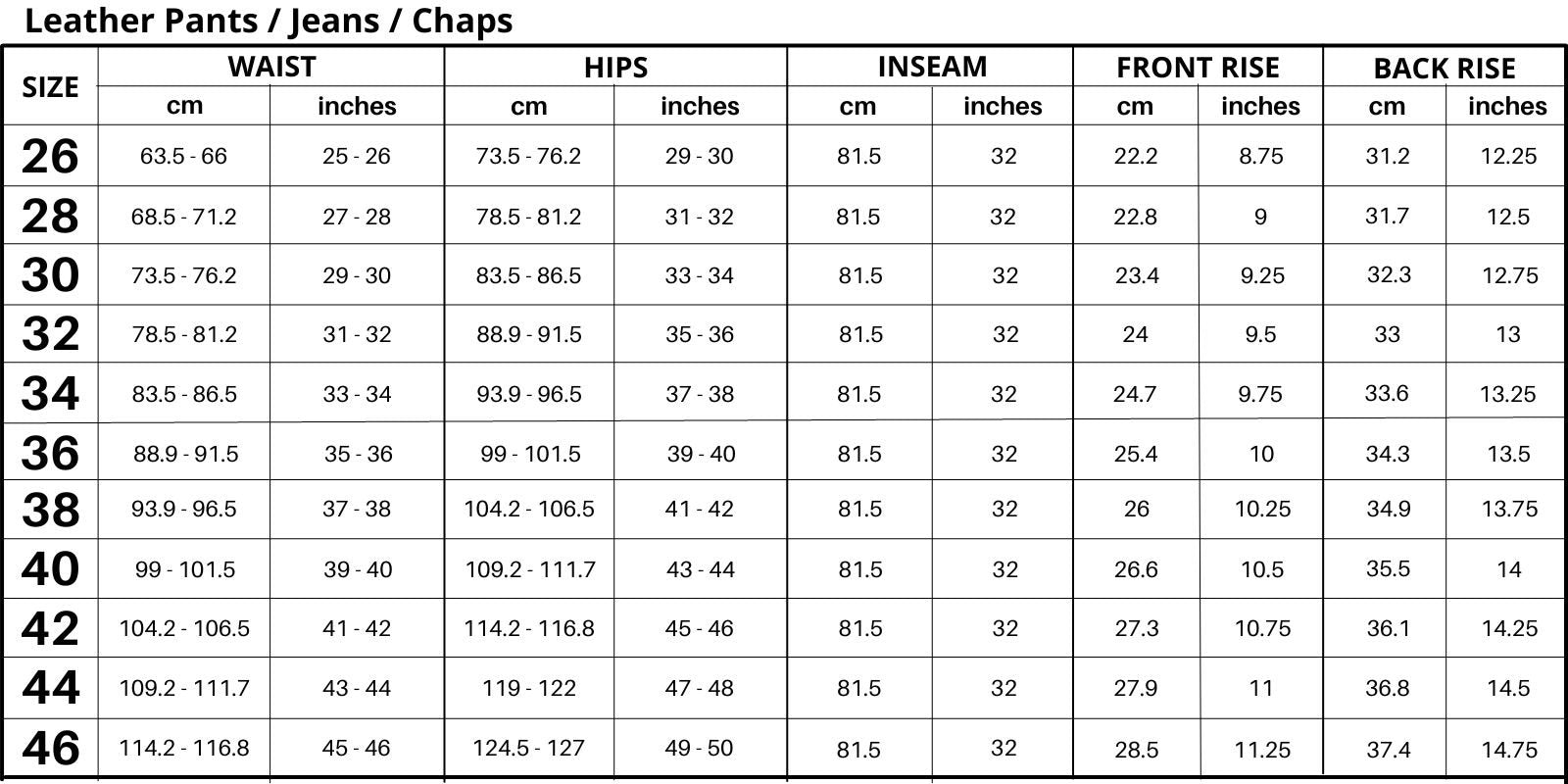 leather pants size chart