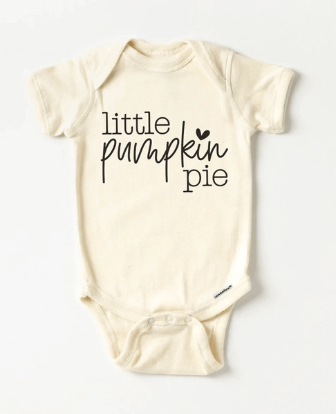 A little bodysuit for baby boys and girls. Lettering in black reads little pumpkin pie