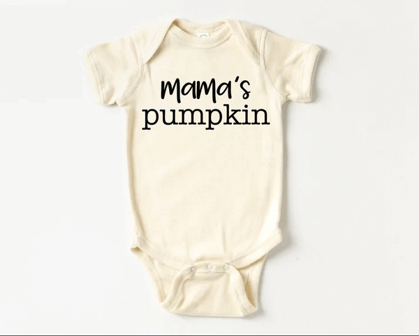 Adorable bodysuit that has the words, " Mama's pumpkin" printed on it. Available also in a matching tee for older siblings