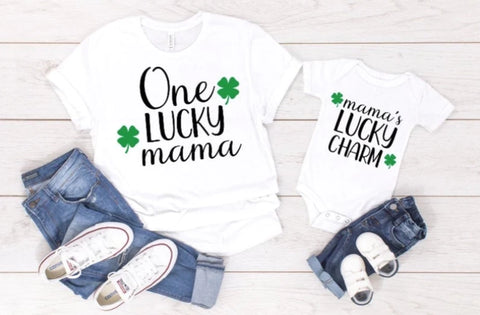 Lucky Mama and Lucky Charm matching shirt set matched with denim and sneakers